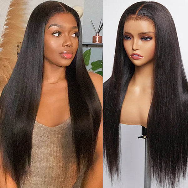 Collage of a woman wearing a 4C Edges Hairline 13x4 HD Straight Lace Frontal Wig, highlighting the realistic hairline, side view, and pre-plucked parting.