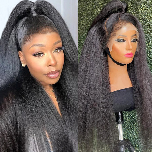 Collage of a woman wearing Realistic 4C Hairline HD Lace Frontal Wig. Different angles show kinky straight texture, pre-plucked 4C edges, and styled baby hairs.