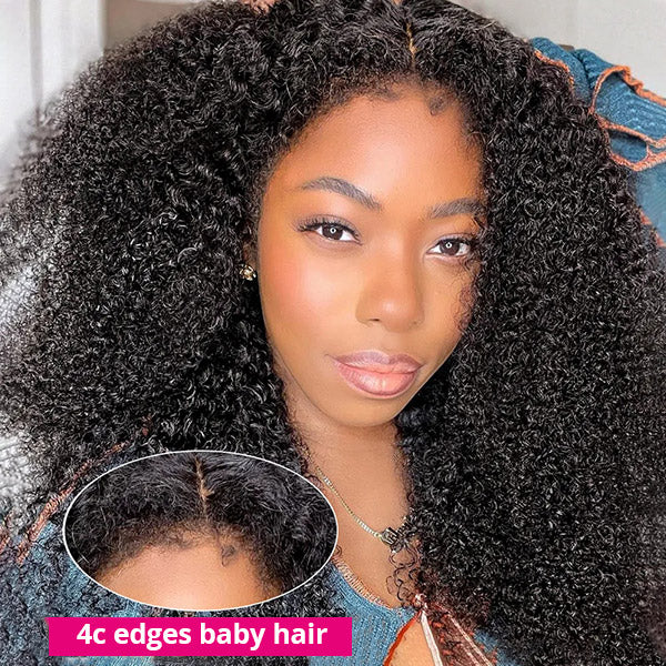 Afro Curly Wig With 4C Hairline and Baby Hairs Styled On a Woman