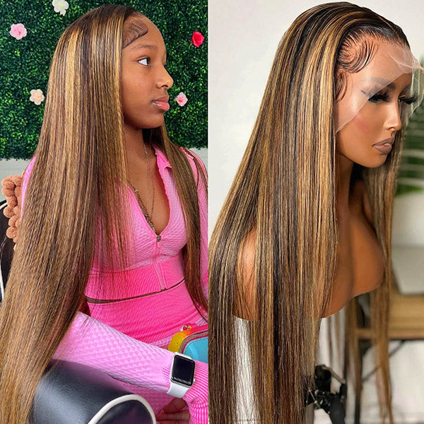 Woman showcasing Ishow Beauty highlighted honey blonde straight wig in multiple poses, featuring a natural look with pre-plucked hairline, straight texture, and 13x6 HD Swiss lace front.