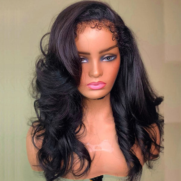 Mannequin head with 4C Kinky Edges HD Lace Wig featuring body wave texture, natural black color, and pre-plucked 4C edges hairline.