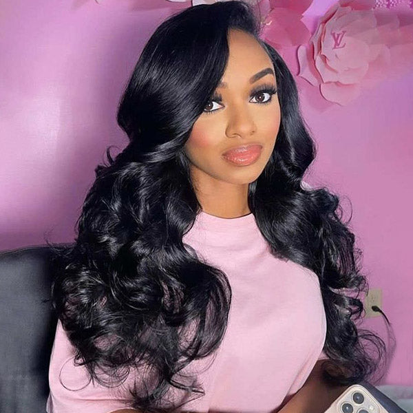 Model Displaying Long Body Wave Wig in Natural Black Color With Soft Waves and Natural Hairline