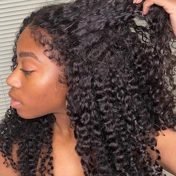 Model Showcasing Glossy 4C Kinky Curly Human Hair Wig With Defined Curls