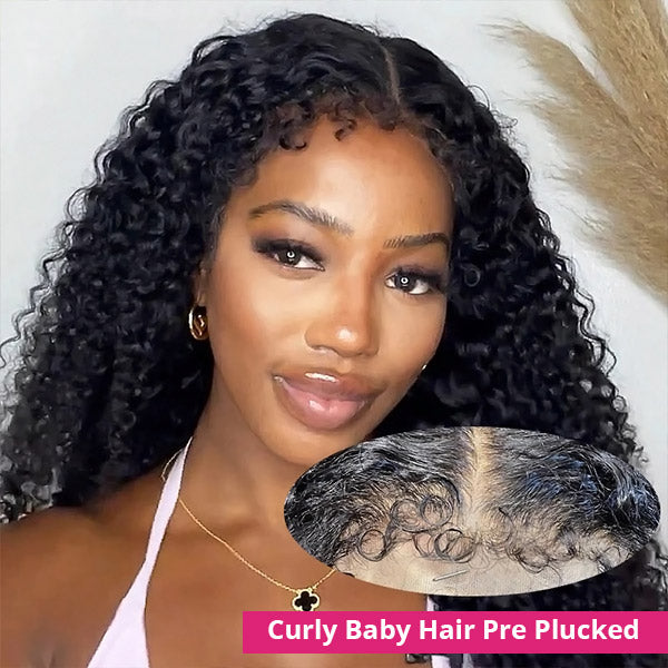Pre-Plucked 4C Curly Human Hair Wig Worn By Model, Featuring Glossy Defined Curls