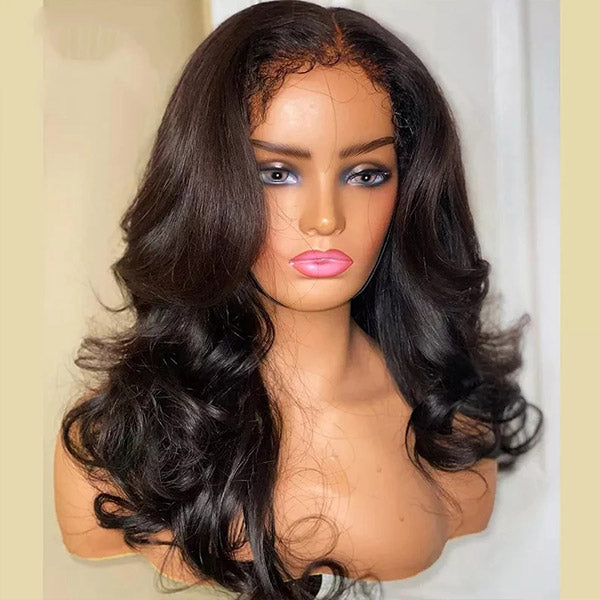 Long Wavy Human Hair Wig Displayed On Mannequin Head in Natural Black Color
