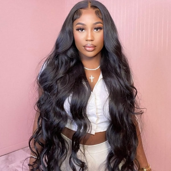 Model Showcasing Long Body Wave Wig in Natural Black Color With Voluminous Curls