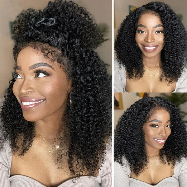 Woman Showcasing Afro Curly Human Hair Wig in Two Styles, 4C Hairline