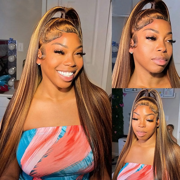 Smiling Woman in Honey Blonde Straight Wig Styled in High Ponytail With Highlights