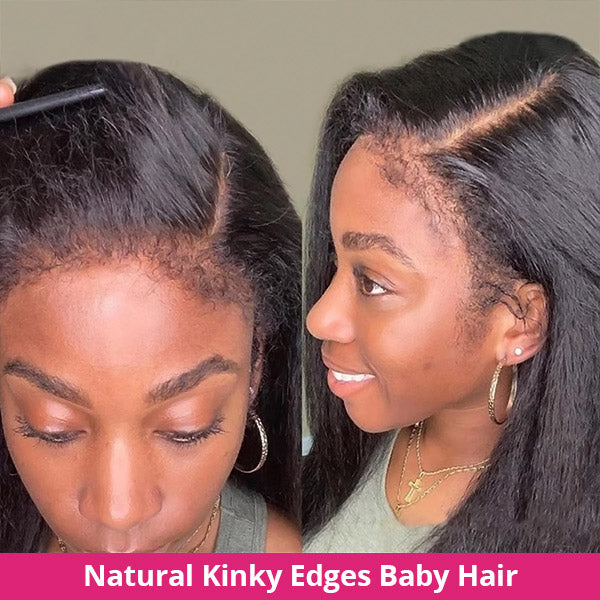 Woman Displaying HD Lace Frontal Wig With Natural Kinky Edges and Baby Hairs