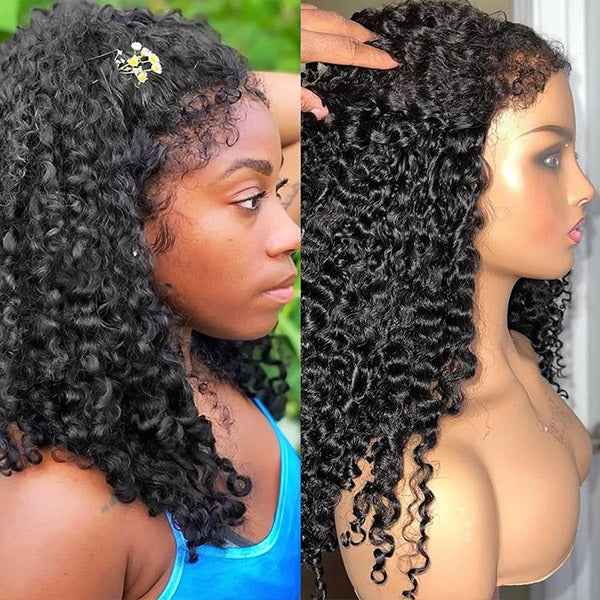 Side-by-side view of Type 4C Kinky Edges Human Hair Wigs with kinky curly texture and pre-plucked 4C edges on mannequins, with a hand adjusting the hair on the left.