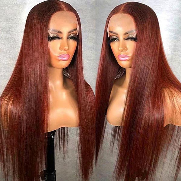 Long Straight Auburn Lace Frontal Wig Displayed On a Mannequin