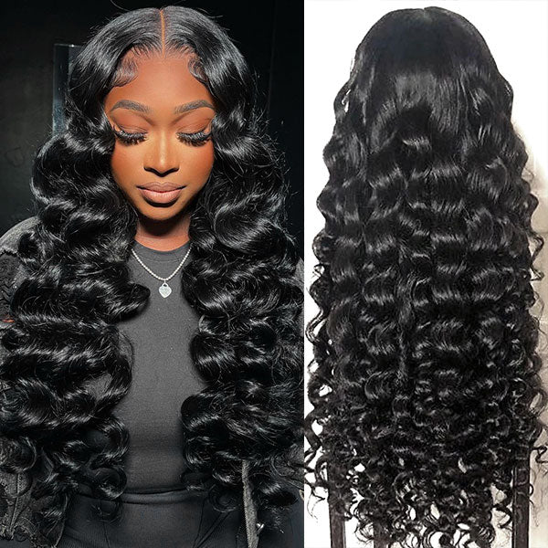 Model in modern salon wearing Ishow Loose Deep Wave HD Lace Frontal Wig with long, voluminous waves and a natural black color.
