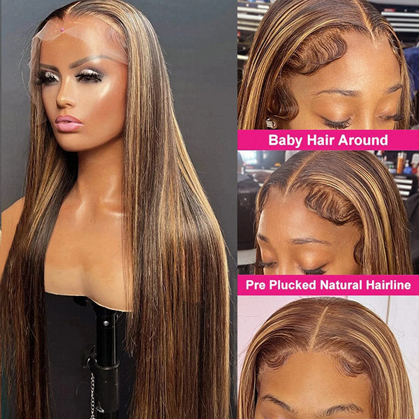 Honey Blonde Straight 13X6 HD Lace Front Wig With Highlights and Natural Baby Hairs
