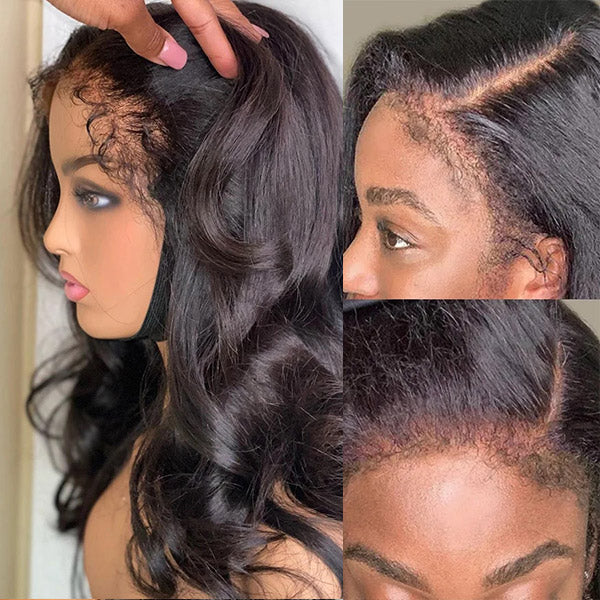 Side View of HD Lace Wig With 4C Edges, Body Wave Texture, and Natural Black Color