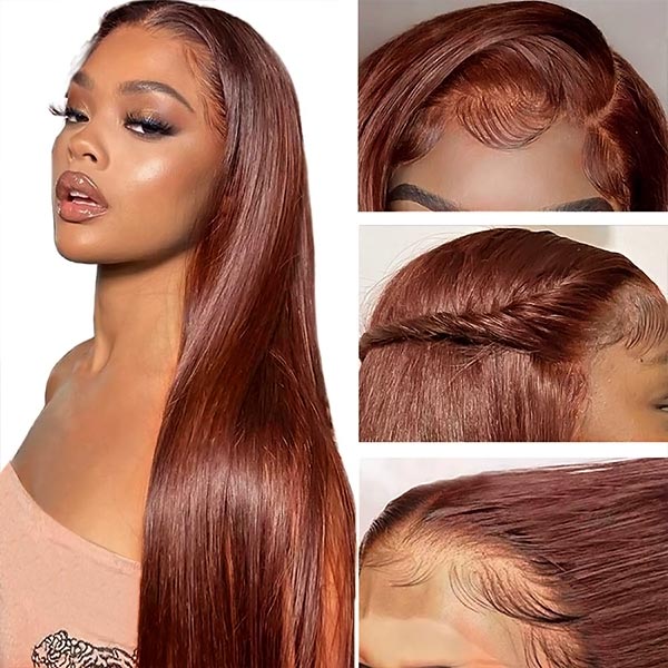 Long, Straight Reddish-Brown Lace Frontal Wig With a Smooth Hairline and Styling Details