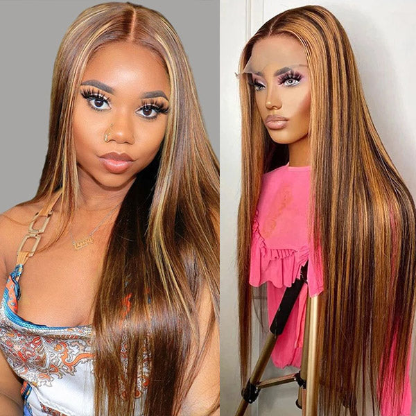 Model and Mannequin Showcasing P4/27 Balayage Highlight Straight Human Hair Wig