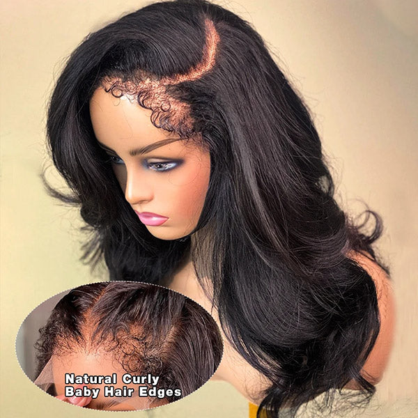 Human Hair Wig With Natural Curly Baby Hair Edges in Natural Black On Mannequin