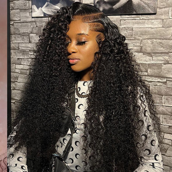 Woman With Long Curly Black Hair Wearing a Sweater, Showcasing Deep Wave Hairstyle