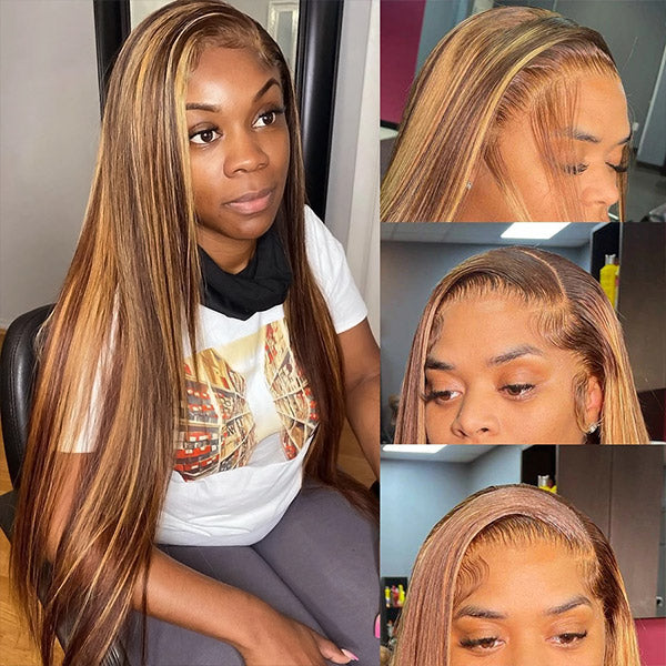 Woman Showcasing Honey Blonde Straight 13X6 HD Lace Front Wig With Highlights