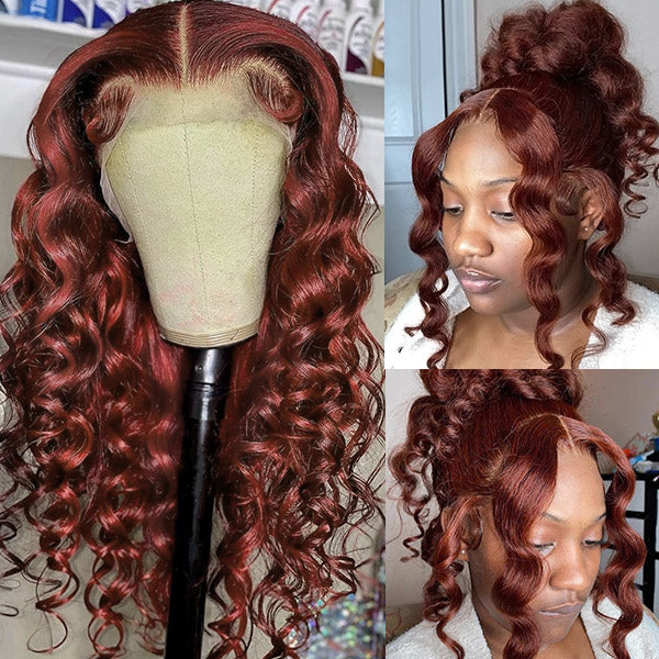 Auburn Loose Deep Wave Lace Frontal Wig On Mannequin, Styled On Model With Defined Curls