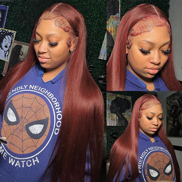 Model With Long Straight Reddish-Brown Lace Frontal Wig Styled Elegantly