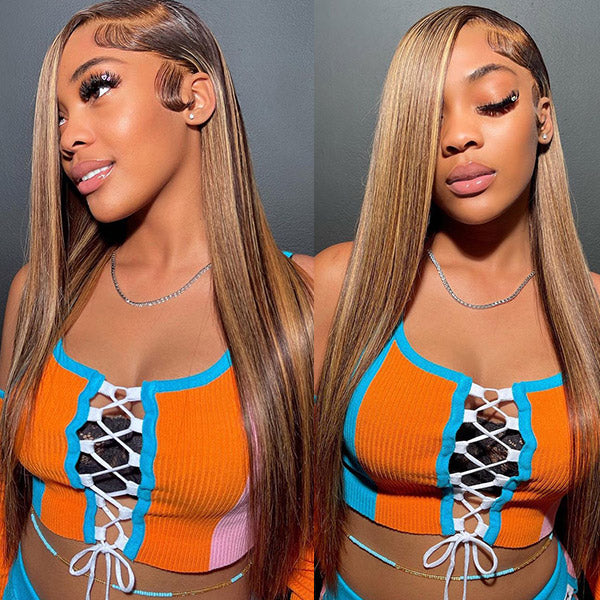 Glueless Balayage Highlight Straight Wig Worn By a Model With Sleek Styling