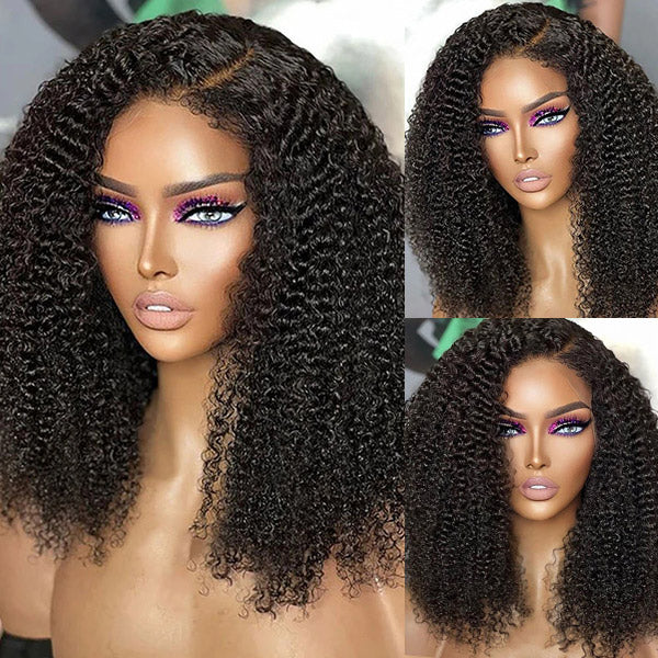 Model Displaying Afro Curly 4C Hairline Wig, Featuring Defined Curls and Natural Look