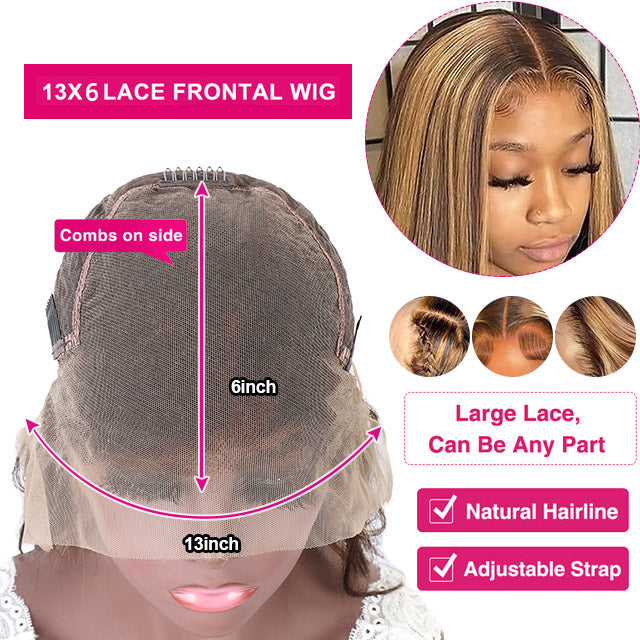Honey Blonde Straight 13X6 Lace Frontal Wig Features With Natural Hairline and Adjustable Straps