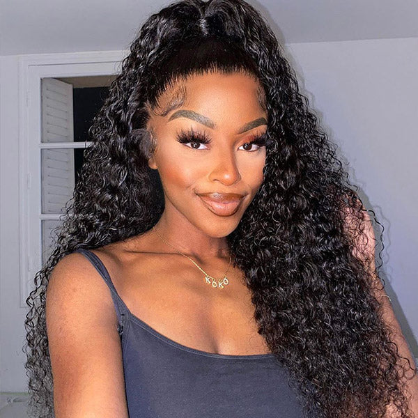 Young Woman With Long, Voluminous Deep Wave Hairstyle and a Black Tank Top