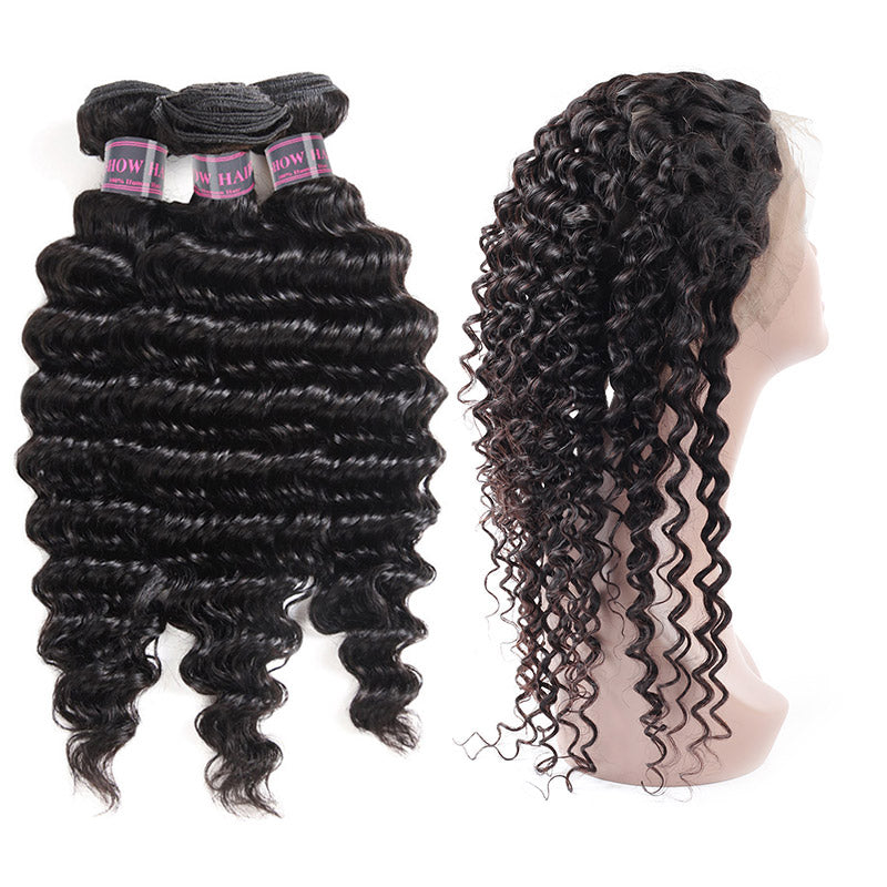 Virgin Brazilian Deep Wave Hair 3 Bundles With 360 Lace Frontal Ishow Human Hair - IshowHair