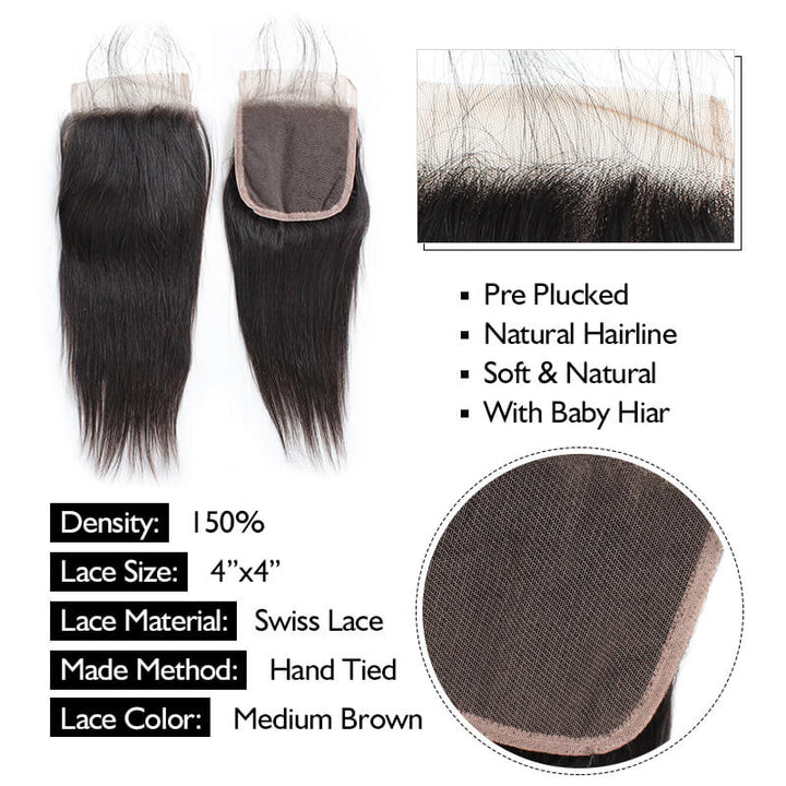 Straight 4x4 Lace Closure With Baby Hair Swiss Lace Ishow 100% Remy Virgin Human Hair Closure Free Middle Three Part - IshowVirginHair
