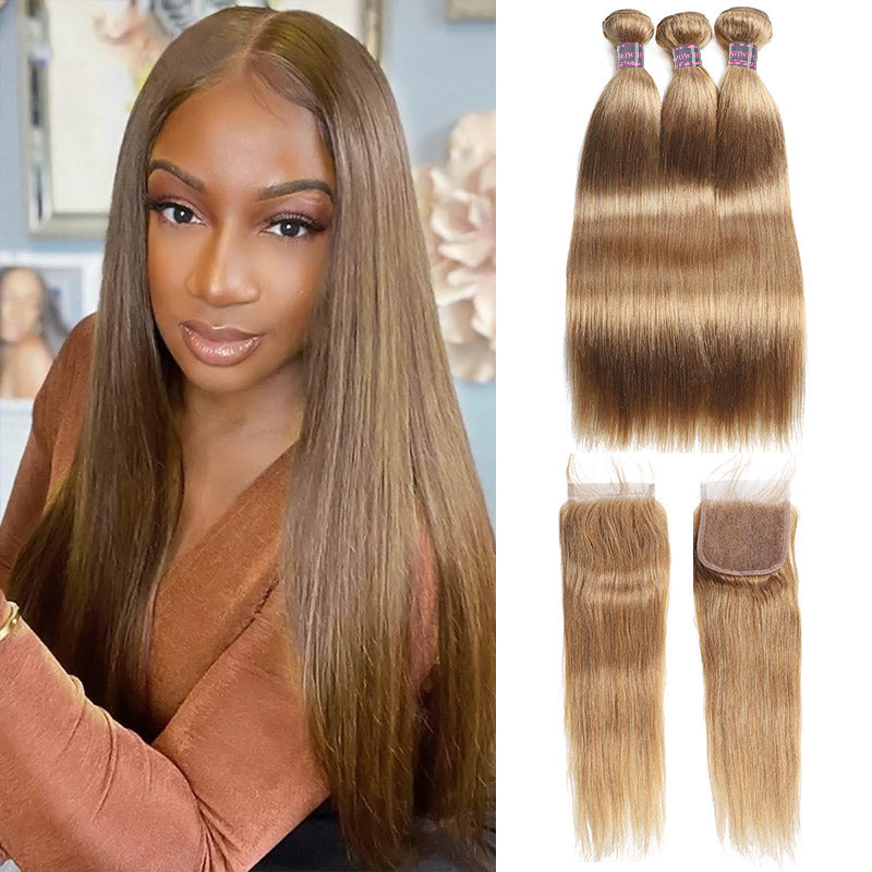 27# Honey Blonde Human Hair Bundles Straight Hair 3 Bundles With Lace Closure Color Hair Weave