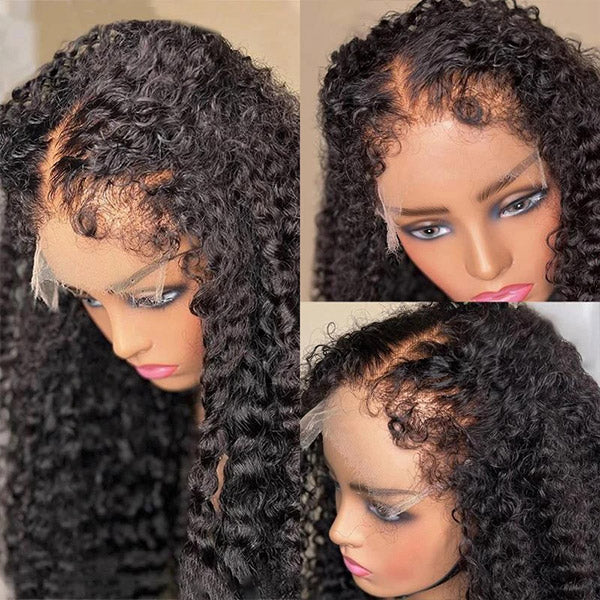 Outdoor close-up of woman wearing 4C kinky edges deep wave wig with pre-plucked hairline and HD lace frontal, showing natural texture and hairline detail.