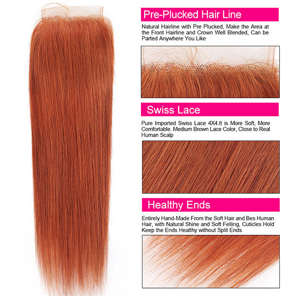 Ginger Bundles With Closure Straight Hair 3 Bundles With Lace Closure Brazilian Human Hair