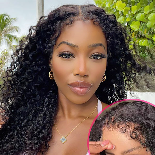 Model Showcasing 4C Kinky Edges Deep Wave Wig With Natural Baby Hair
