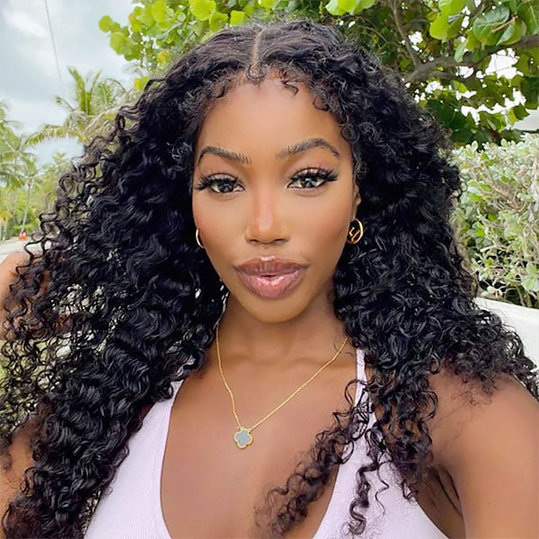 Woman in 4C Kinky Edges Deep Wave Wig Showcasing Natural Curls and Baby Hair