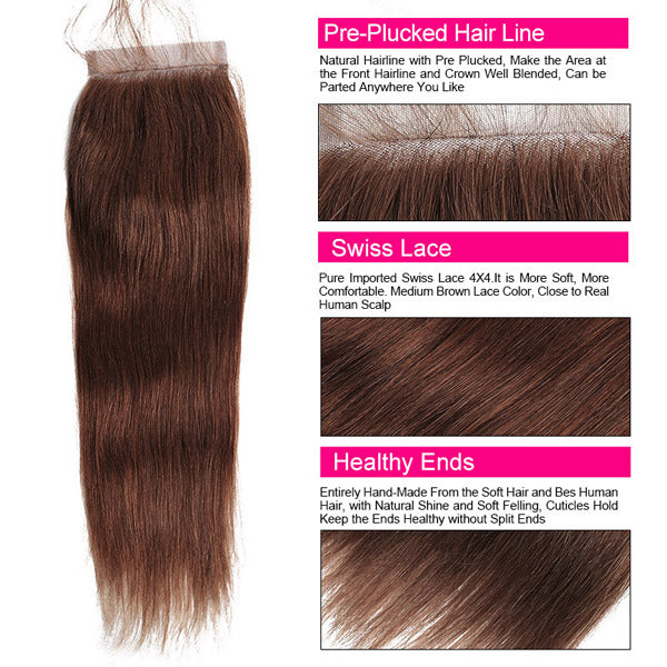 4# Color Hair Weave Bone Straight Hair Bundles With 4x4 Closure Brazilian Human Hair Bundles With Lace Closure