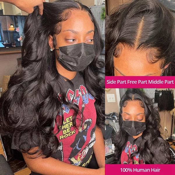 Model With Body Wave Glueless Lace Frontal Wig, Showcasing 100% Human Hair Quality
