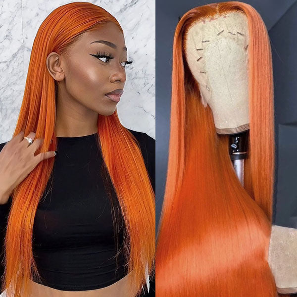 Vibrant Ginger Orange Lace Front Wig On a Mannequin Beside a Model