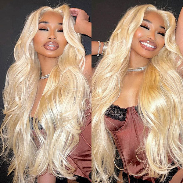 Model Smiling in a Stunning Long Blonde Body Wave Wig With Glamorous Waves