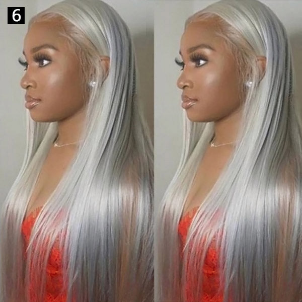 Long Customized Sliver Gray Lace Front Wig On a Model