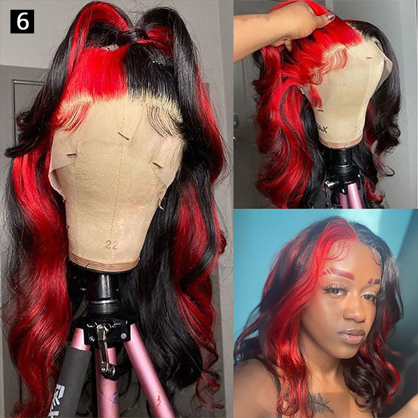 Customized Lace Front Wig With Red and Black Colors and Soft Curls On Wig Stand