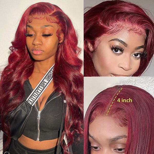 Burgundy 99J Lace Front Wig Styled in Body Wave On Model and Close-Up of Hairline