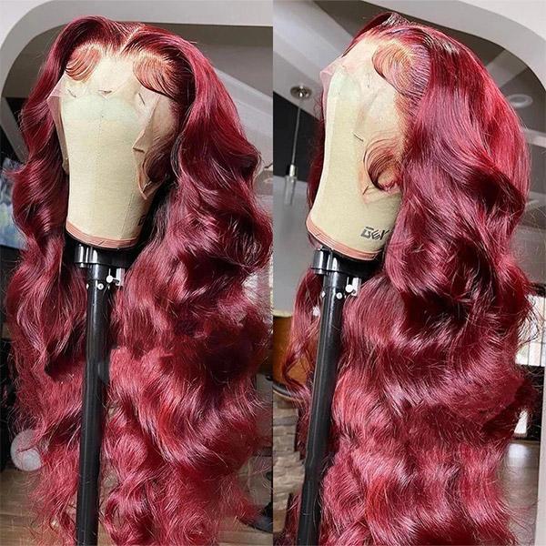 99J Burgundy Lace Front Wig With Body Wave Hairstyle On Mannequin