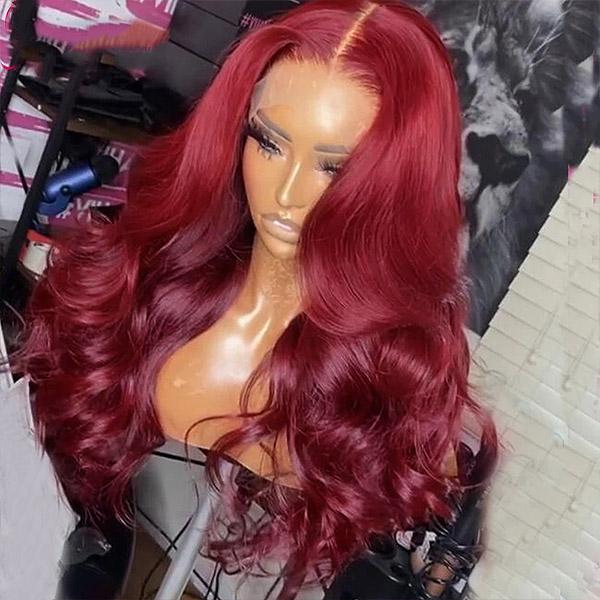 Burgundy 99J Lace Front Wig With Loose Waves Showcased On Mannequin Head