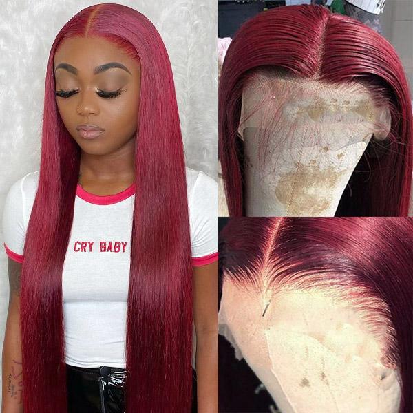 Model Displaying Straight 99J Burgundy Lace Front Wig With Transparent Hairline