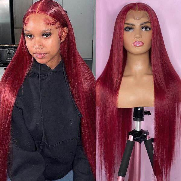 Sleek Straight 99J Burgundy Lace Front Wig On Model and Mannequin With Natural Hairline