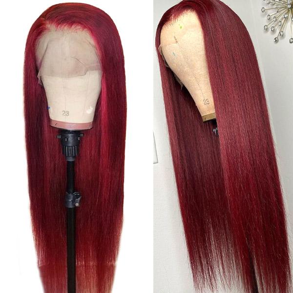 99J Burgundy Lace Front Wig Styled Straight On Mannequin Head