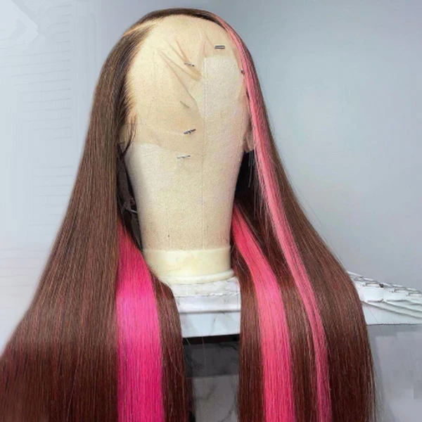 Brown human hair wig with vibrant pink skunk stripes on a mannequin head, showcasing 13x4 lace frontal with transparent lace front, straight texture, and pre-plucked hairline.