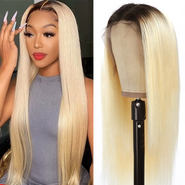 Front and back view of 13x4 HD Lace Front Wig in 1B/613 color, showing pre-plucked hairline, straight human hair texture, and transparent Swiss lace